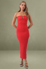 Red Textured Midi Bodycon Boob Tube Dress