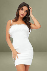 White Faux Feather Trim Bodycon Strappy Mini Dress
