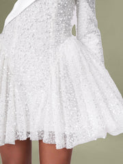 Bead Embroidered Mesh Off-Shoulder Long Sleeve Mini Dress