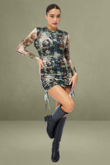 Multi Print Bodycon Dress Ruched Side Long Sleeve Mini