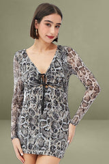 Camel Animal Print Bodycon Dress Long Sleeve Mesh