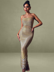 The Glint Gold Ruched Chiffon Long Maxi Dress