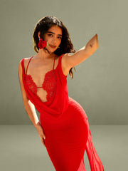 Ulanda Red Chiffon Lace Backless Maxi Train Dress