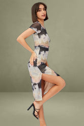 Brown Abstract Midi Dress Short Sleeve Bodycon Mesh