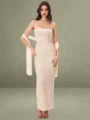 Raizel Gold Beaded Sequin Bodycon Gown with Scarf