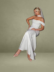 Ivona White Halter Neck Double Duchess Satin Gown