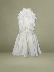 Pearl White Beaded Lace Trim Backless Halter Mini Dress