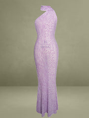 Olena Purple Burnout Velvet Animal Print Mesh Halter Neck Maxi Dress