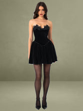 Black Velvet Drop Waist Corset Puffy Mini Dress with Lace Trim
