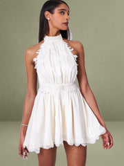 Pearl White Beaded Lace Trim Backless Halter Mini Dress