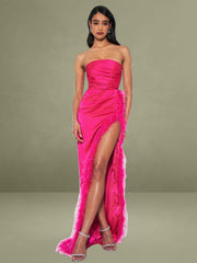 Perrin Fuchsia Pink Feather Dress High Slit Gown