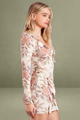 Beige Floral Ruffle Mini Dress Bell Cuff Bodycon Mini Dress