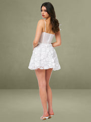 Pamila White Floral Mesh Puffy Mini Dress