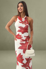 White Floral Halter Neck Bodycon Dress