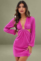 Purple Plisse Dress Plunging Ring Detail Balloon Sleeve