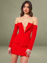Red Off Shoulder Long Sleeve Blazer Dress