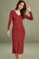 Brown Button Front Slinky Midi Dress
