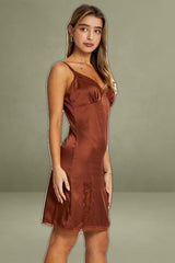Brown Lace Trim Slip Dress
