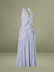 Mackenna Navy Stripe Halter Smock Back Maxi Dress