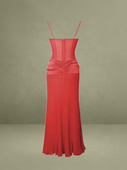 Dahlina Red Ruched Waist High Slit Maxi Dress