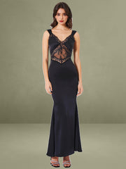 Black Satin and Lace Maxi Dress