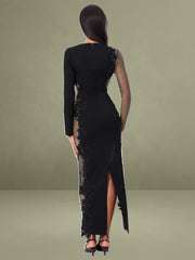 Lace Trim Crystal Net Cutout Long Sleeve Gown