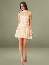 Yellow Beaded Floral Mini Chiffon Dress with Scarf