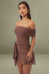 Brown Bodycon Dress Off Shoulder Mini
