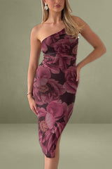 Pink Floral Bodycon Dress One Shoulder