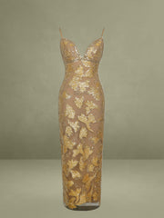 Edie Gold Beaded Sequin Midi Pencil Dress