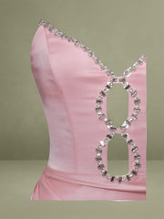 Pink Satin Crystal Embellished High Slit Gown