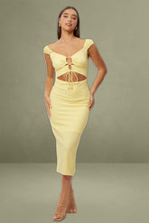 Yellow Bodycon Dress Textured Midi