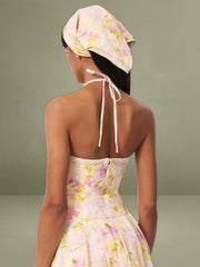 Zaina Yellow Pink Floral Print Lace Trim Linen Midi Dress