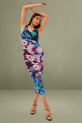 Blue Printed Dress Butterfly And Flower Ruched Bodycon