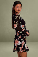 Black Floral Ruffle Dress Long Sleeve Flared Cuff Mini Dress