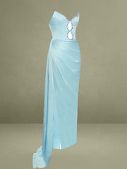 Pale Blue Satin Crystal Embellished High Slit Gown