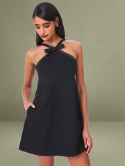 Black Satin Trim Mini Dress with Bow