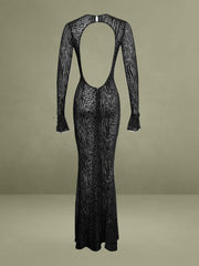 Waylynn Black Animal Print Burnout Velvet Detail Mesh Backless Maxi Dress