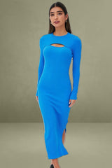 Blue Midi Dress Long Sleeve Mock Neck Cut Out Bodycon