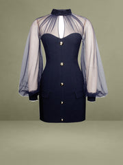 Tabitha Navy Blue Mesh Lantern Sleeve Mini Dress