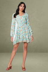 Boho Print Mini Dress Long Sleeve V Neck