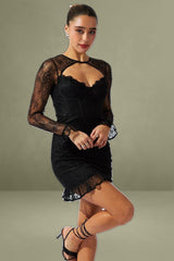 Long Sleeve Ruffle Cuff Corset Black Lace Dress