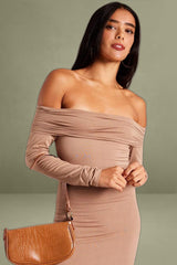 Brown Off Shoulder Dress Long Sleeve Maxi
