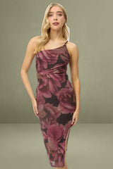 Pink Floral Bodycon Dress One Shoulder