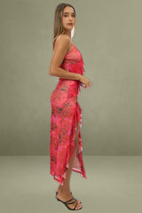 Red Floral Bodycon Ruffle Mesh Dress