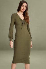 Green Ribbed Drawstring Mid-length Dress