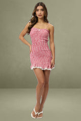 Red Check Shirred Gingham Bodycon Mini Dress