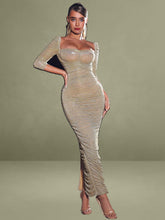 Sorrel Gold Ruched Chiffon Long Maxi Dress