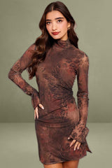 Brown Abstract Bodycon Dress High Neck Mini Long Sleeve