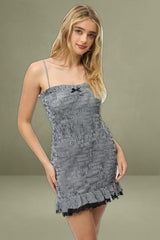 Black Check Bodycon Dress Shirred Gingham Mini